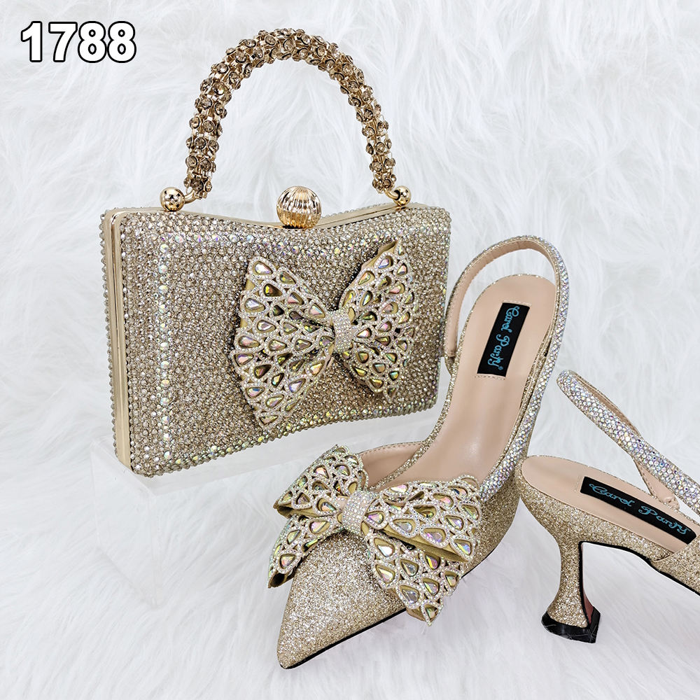 Gold evening heels and a coordinating crystal handbag